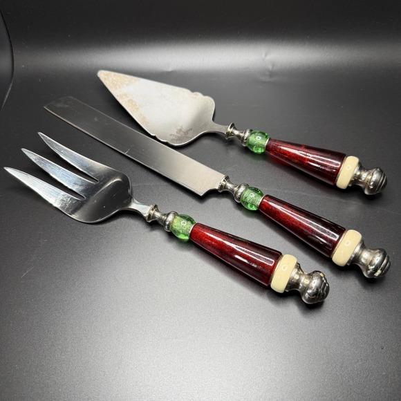 Lenox Other - Lenox Serving Utensils Cake Pie Server Fork Knife Set Red Green Beaded Handles